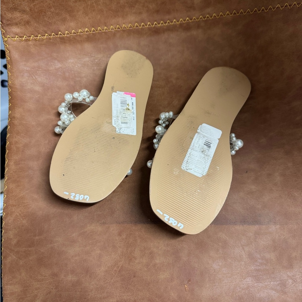 Steve Madden Beige Pearl-Embellished Slide Sandals